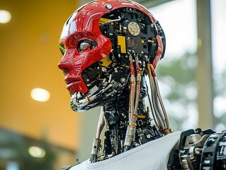 A close up of a detailed red robot head and neck