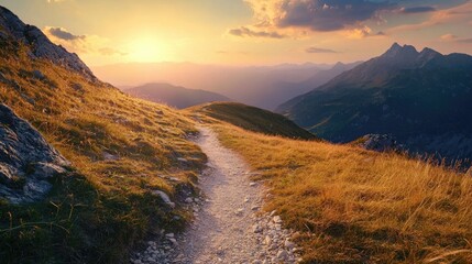 A winding mountain trail leading to a scenic view at sunrise.