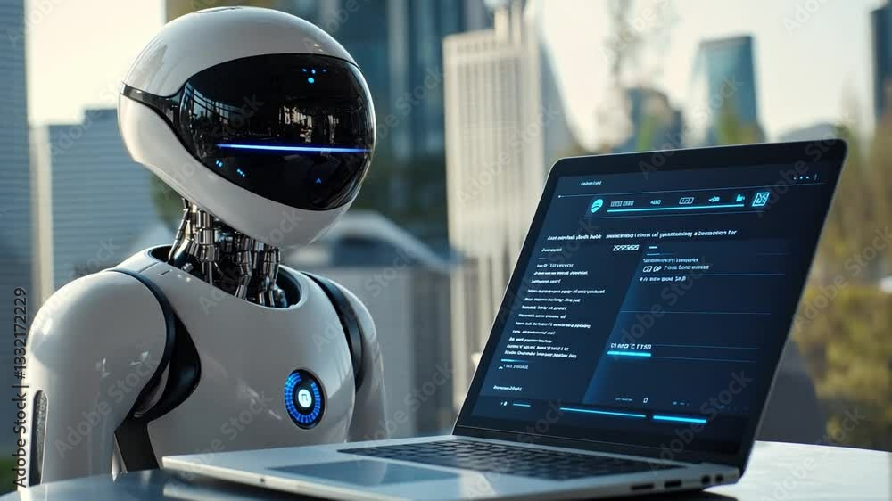Poster exploring neobanking application features on digital devices with robotic assistance in an urban set