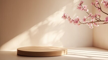 A wooden podium with cherry blossoms on the wall, minimalist style, clean background, sunlight shining through the window, soft lighting, product 