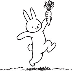 Obraz premium A black and white line drawing of a bunny dancing with a carrot in its hands, isolated on the white background.