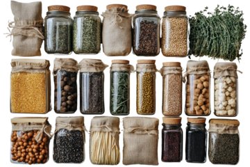 Assorted jars filled with various spices and grains on a neutral background, ideal for culinary inspiration and healthy cooking.