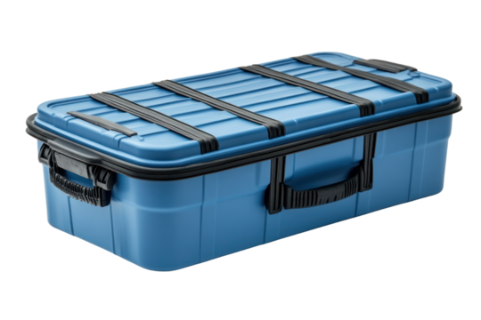 Blue storage box with sturdy handles and secure straps, ideal for organizing tools, supplies, or outdoor gear.