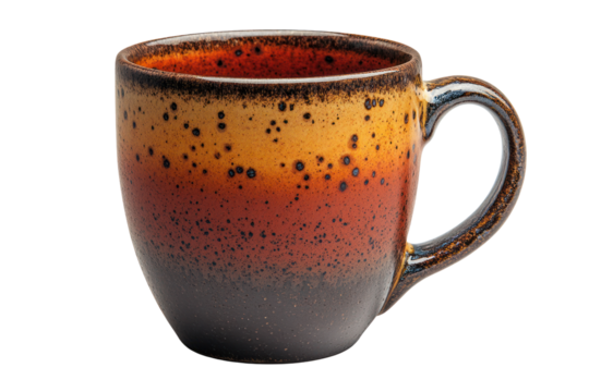 Ceramic coffee mug with a gradient color design, featuring an artistic pattern and a comfortable handle.