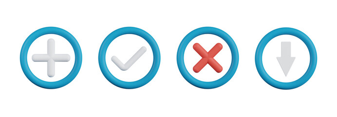 3D Icons of Plus, Check, Cross, and Down Arrow
