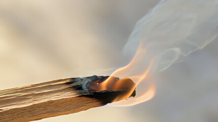 A Palo Santo wood stick is burning and releasing thick smoke