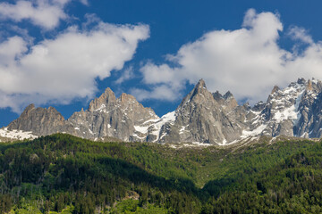 Aiguilles de Chamonix rocky granite mountain peaks in french Alps around Mont Blanc summit in...