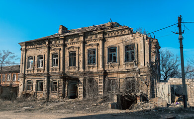 destroyed and burned houses in the city in Ukraine