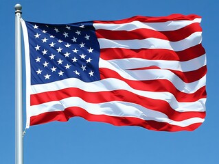 A billowing patriotic flag waving freely against a blue sky background