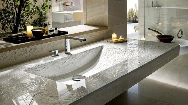 Experience a tranquil bathroom space showcasing sleek stone surfaces, contemporary fixtures, and calming candlelight