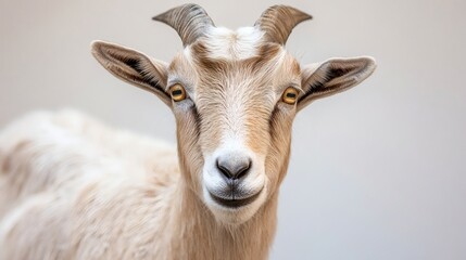A close up front facing portrait of a goat displays its features