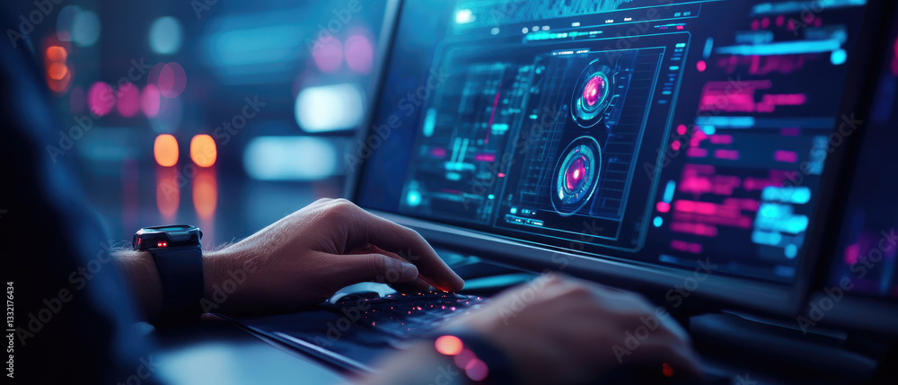 Poster analyzing data trends in cybersecurity digital workspace infographic modern office close-up technolo