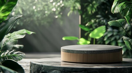 The stage features a green podium that resembles stone or rock, paired with elegant green leaves and a natural setting, including a 3D illustration of a tropical stage and a mock-up product stand