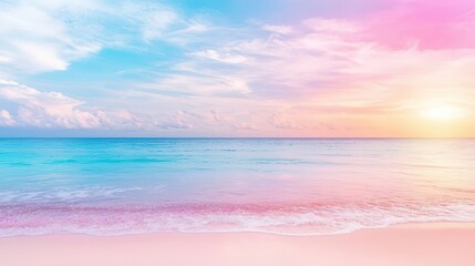 Fototapeta premium A tranquil beach at sunset, with the horizon painted in soft pastels of coral and lavender, reflecting shimmering sparkles over the calm water. Gentle waves lap the sandy shore, creating a stunning