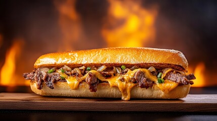 Delicious cheesesteak sandwich with melted cheese and grilled onions, set against a fiery background