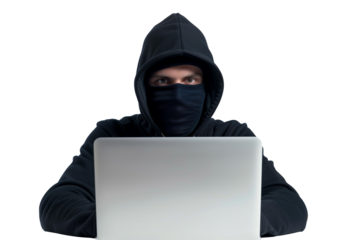 Serious young Ukrainian ethical hacker typing on laptop on a white or transparent background