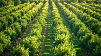 Fototapeta premium Lush Green Orchard Rows Perfectly Aligned Under Sunlight
