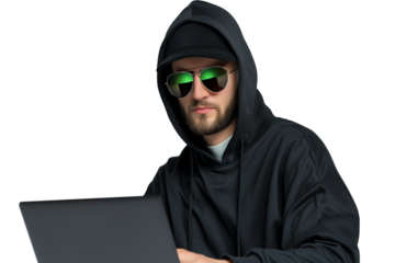 Serious young Ukrainian ethical hacker engaged in cybersecurity work on laptop with sunglasses on a white or transparent background 