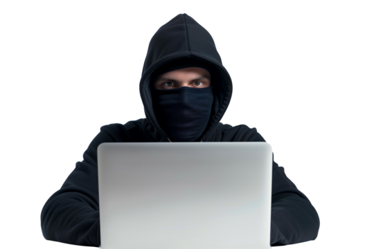 Serious young Ukrainian ethical hacker typing on laptop on a white or transparent background 