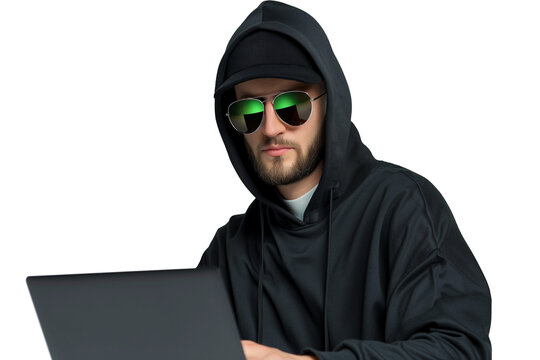 Serious young Ukrainian ethical hacker engaged in cybersecurity work on laptop with sunglasses on a white or transparent background