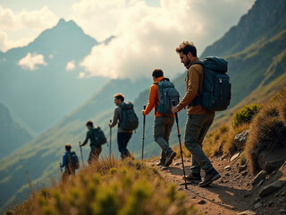 Obraz premium A group of people are hiking up a mountain trail