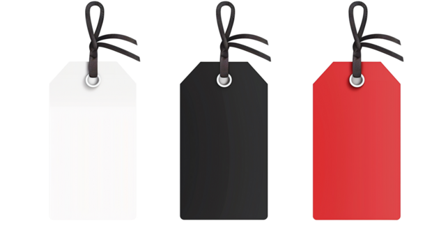 Promotional tags in black, white, and red colors on a white or transparent background 