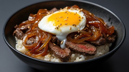 Delicious Bowl of Rice Topped with Savory Meat and Perfectly Cooked Egg