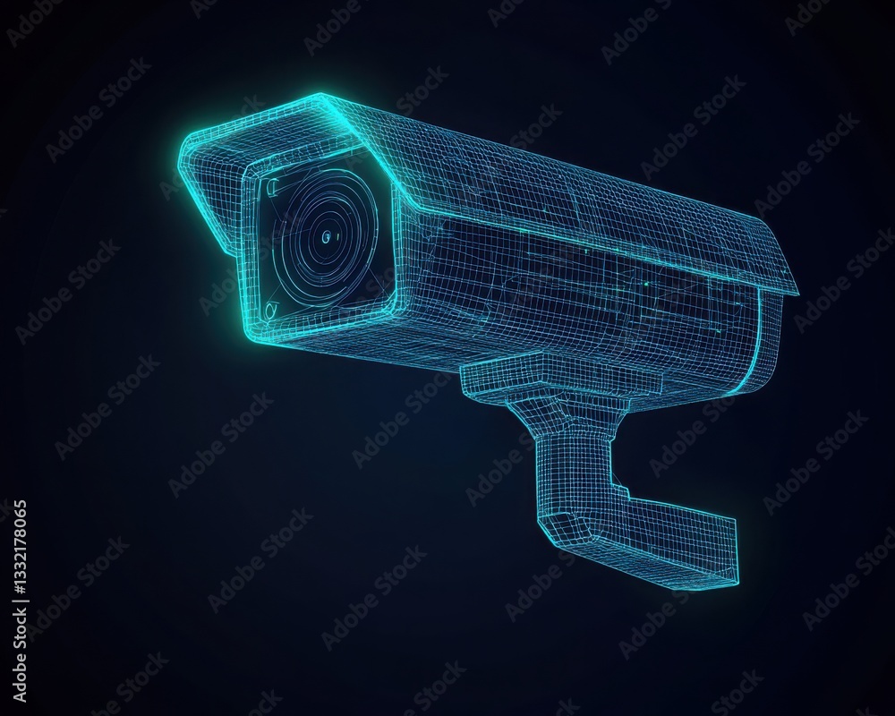 Poster a digital representation of a security camera in a wireframe design, showcasing a futuristic aesthet