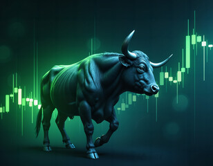 Obraz premium Bull Market Momentum: A powerful bull figurine embodies the bullish market sentiment, complemented by a stock chart background. Capturing the essence of growth and prosperity in the financial world.