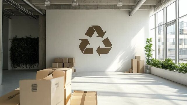 Modern eco-friendly workspace with cardboard boxes and a recycling symbol on the wall in bright natural light