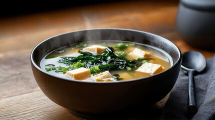Delicious Bowl of Nourishing Soup with Tofu and Fresh Green Vegetables