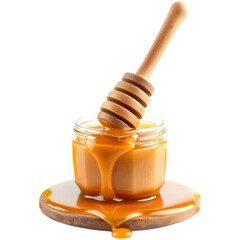 A jar of golden honey drips from a wooden dipper, resting on a wooden surface.