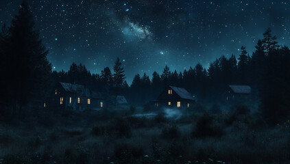 Fototapeta premium night sky over the village of chernobyl, with stars in the background,