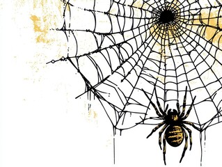 Obraz premium Black Spider on Intricate Gold Spattered Web, White Background