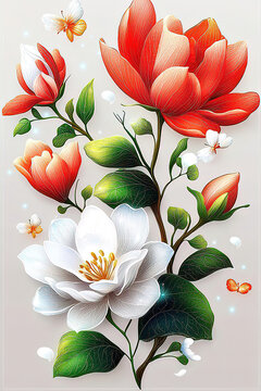 Fantasy floral watercolor featuring vintage botanical elements and enchanting fantasy flowers. Vibrant Floral Arrangement with Butterflies and Delicate Blooms