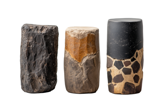 Basalt columns featuring striking hexagonal patterns on a white or transparent background 