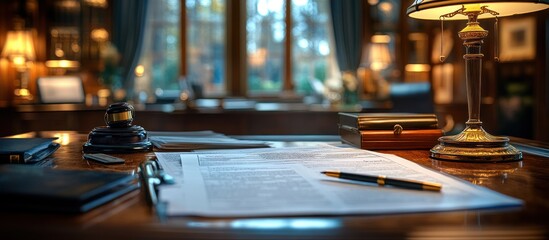 Legal documents on a wooden desk in a study, next to a brass desk lamp, with a judge's gavel and notebooks.
