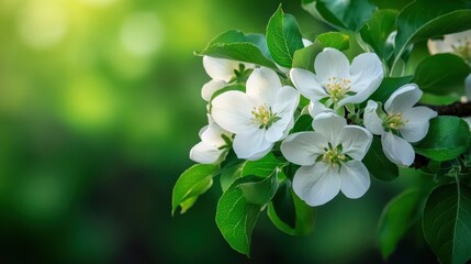 Delicate white flowers bloom against a soft green background, perfect for illustrating themes of nature, renewal, and tranquility in presentations, websites, or printed materials,
