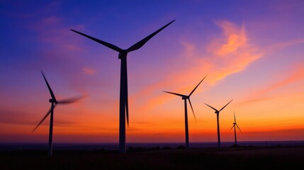 Obraz premium Silhouette wind turbines generate power beneath a vibrant evening sky