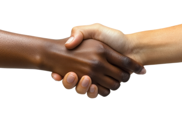 Diverse hands clasped in a handshake symbolizing agreement and partnership on a white isolated background.