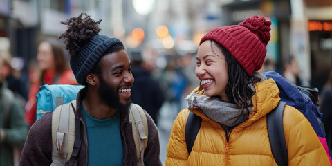 Two Smiling Travelers with Backpacks in Urban Setting