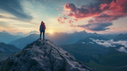 Solo traveler standing on a rocky mountain peak at sunrise, overlooking a breathtaking valley with colorful clouds, wearing a backpack and adventure gear, dramatic and inspiring wanderlust concept