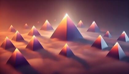 Floating glowing pyramids hover in a misty void with a soft gradient of orange and purple, creating an abstract background and wallpaper