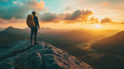 Fototapeta premium Solo traveler standing on a rocky mountain peak at sunrise, overlooking a breathtaking valley with colorful clouds, wearing a backpack and adventure gear, dramatic and inspiring wanderlust concept