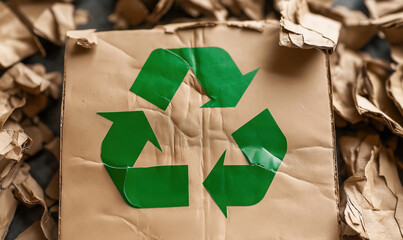 A crumpled cardboard box featuring a green recycling symbol, promoting sustainability and environmental awareness.