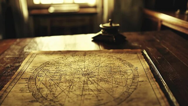 Old map on wooden table in a dimly lit room showcasing intricate details and historical significance