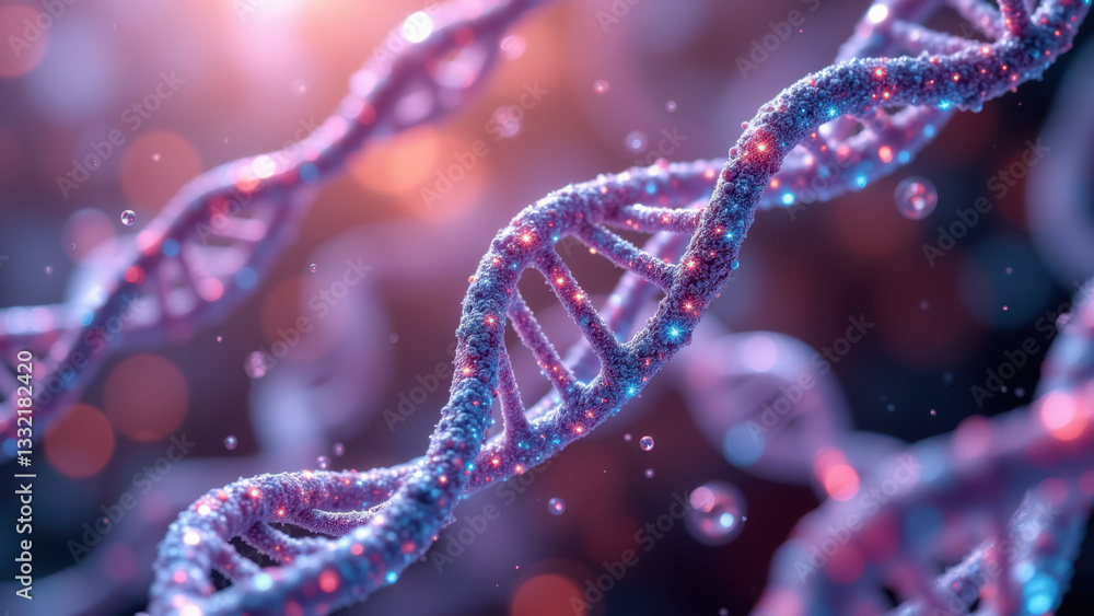 Poster stunning 3d rendering of a double helix dna molecule with vibrant colors and light effects.