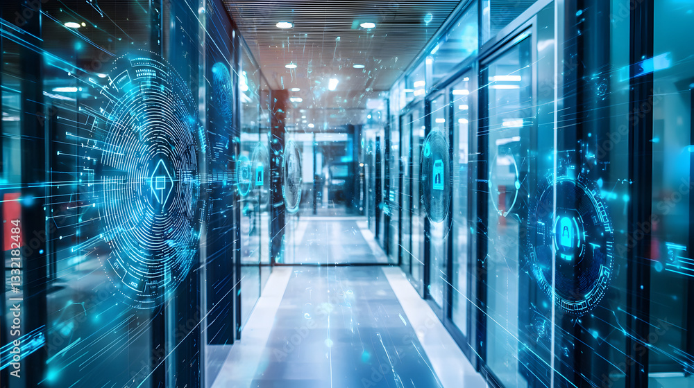 Poster integrating biometrics in security room modern facility photostock high-tech environment digital per