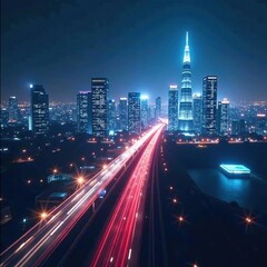 Obraz premium Futuristic cityscape with holographic projections representing data flow , metaverse, technology, design