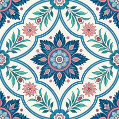 Intricate Floral Pattern with Vibrant Blue and Pink Colors